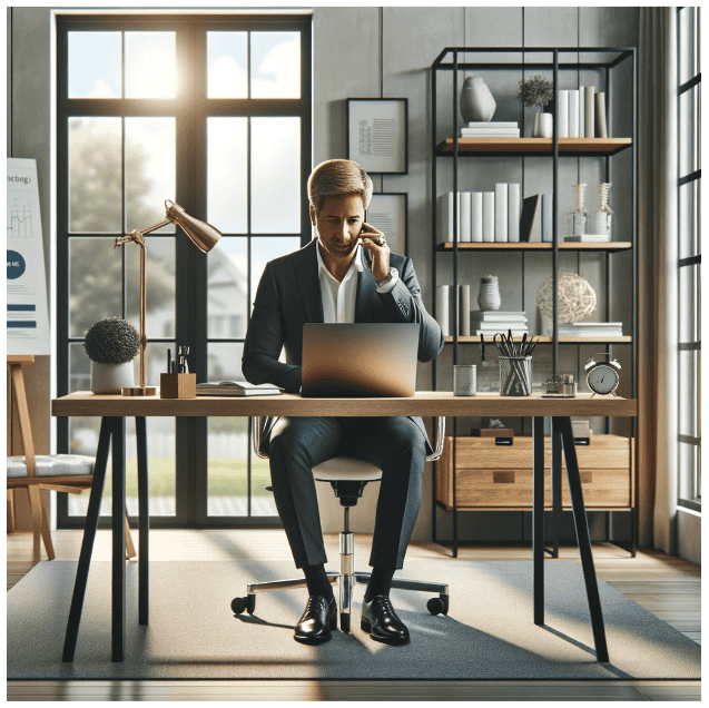 Businessman in suit working on laptop at desk.